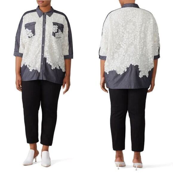 Badgley Mischka Blue White Lace Button Down Chambray Shirt Cowboy Carter Western - Picture 1 of 14